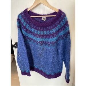 Vintage 80s 90 Icelandic Mohair Wool Sweater Handknit Fuzzy Nordic Oversized M/L
